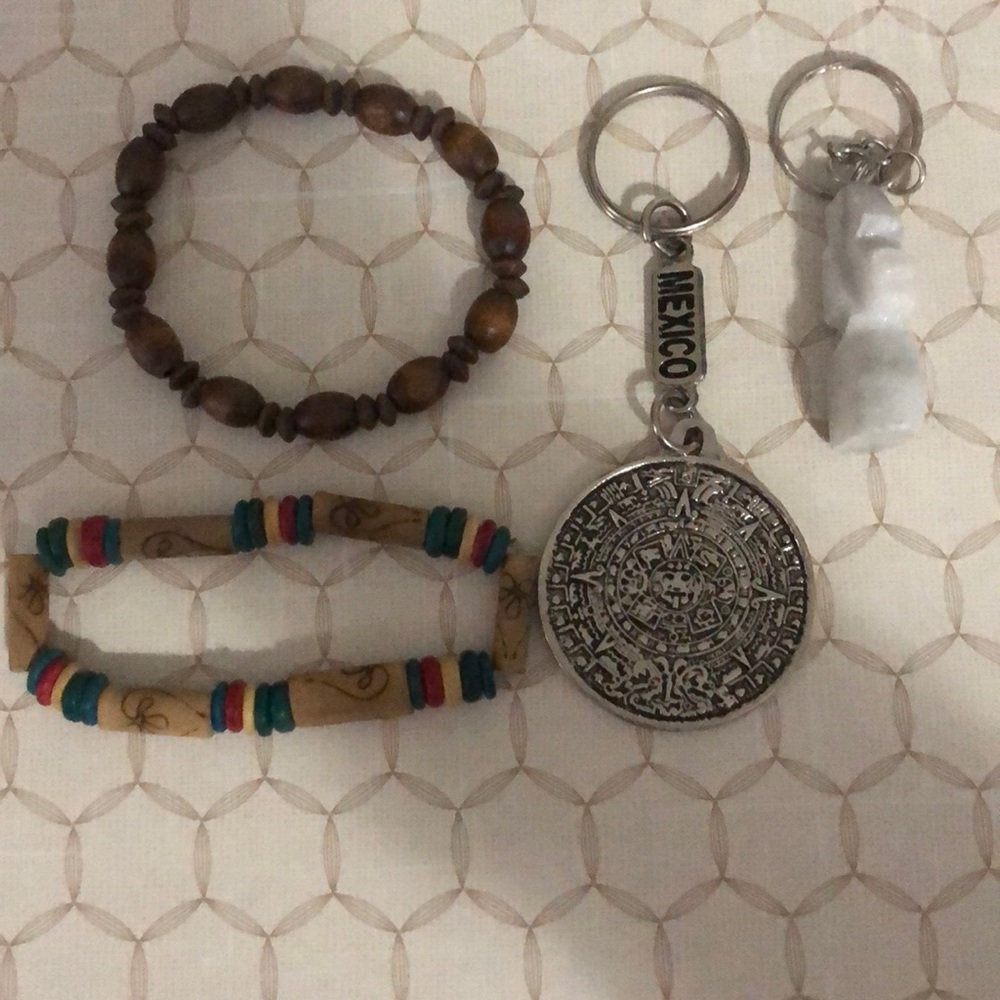Keychains from Mexico and 2 wooden bracelets